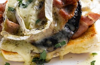 Grilled Portobello Mushrooms with Smoked Bacon and Brie de Meaux