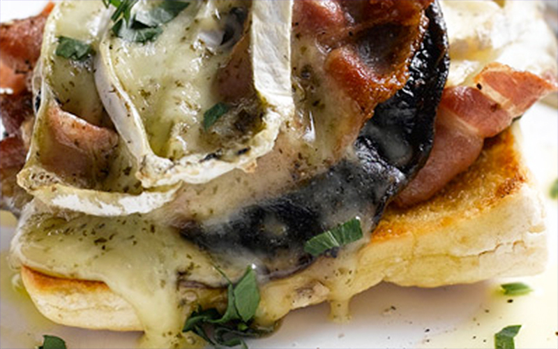 Grilled Portobello Mushrooms with Smoked Bacon and Brie de Meaux