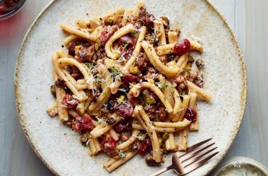 Casarecce with sausage pickled cherries and pistachios