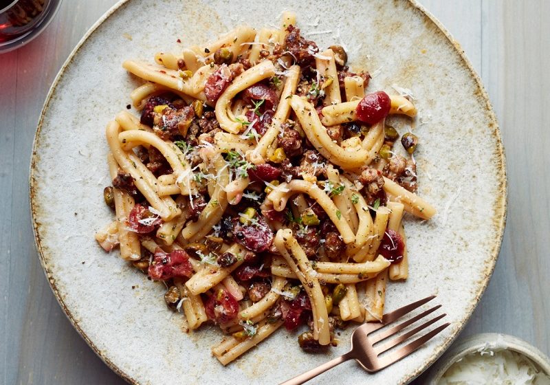 Casarecce with sausage pickled cherries and pistachios