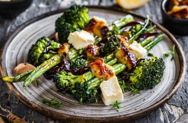 Charred tenderstem broccoli, Cerney Ash goat's cheese, quince terrine, hazelnuts