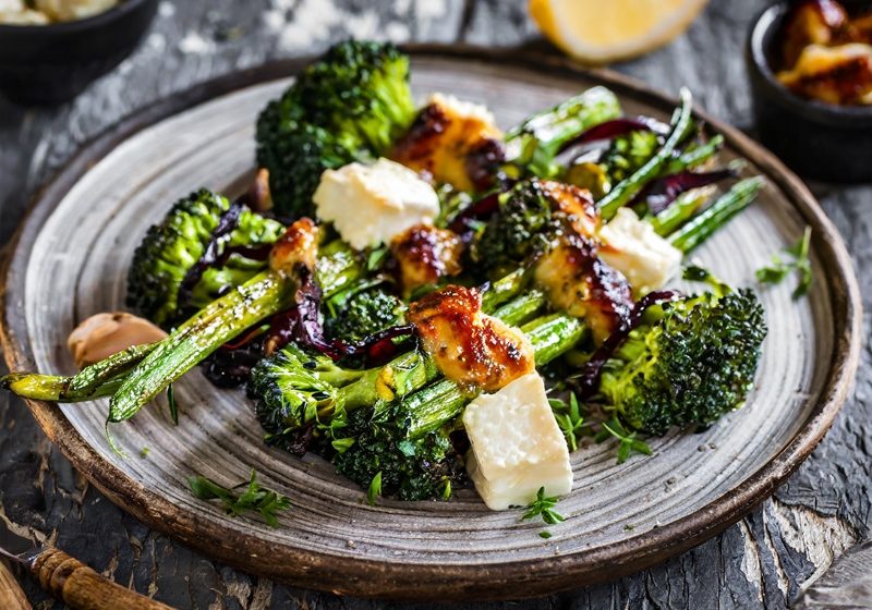 Charred tenderstem broccoli, Cerney Ash goat's cheese, quince terrine, hazelnuts